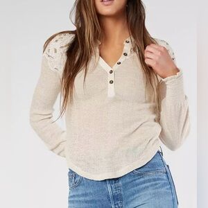 Free People Easy Breezy Henley Cream Tan Long Sleeve Top